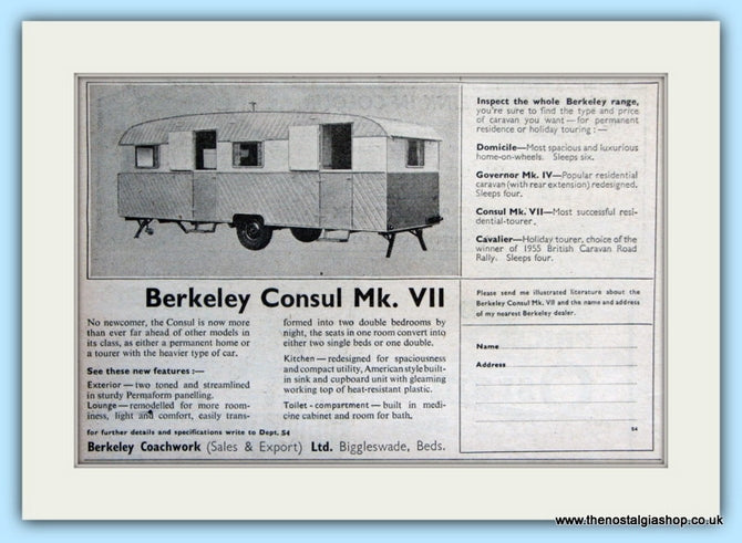 Berkeley Consul Mk.VII Caravan Original Advert 1955 (ref AD5061)