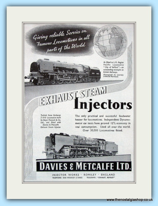 Exhaust Steam Injectors Davies & Metcalfe Ltd Original Advert 1951 (ref AD6475)