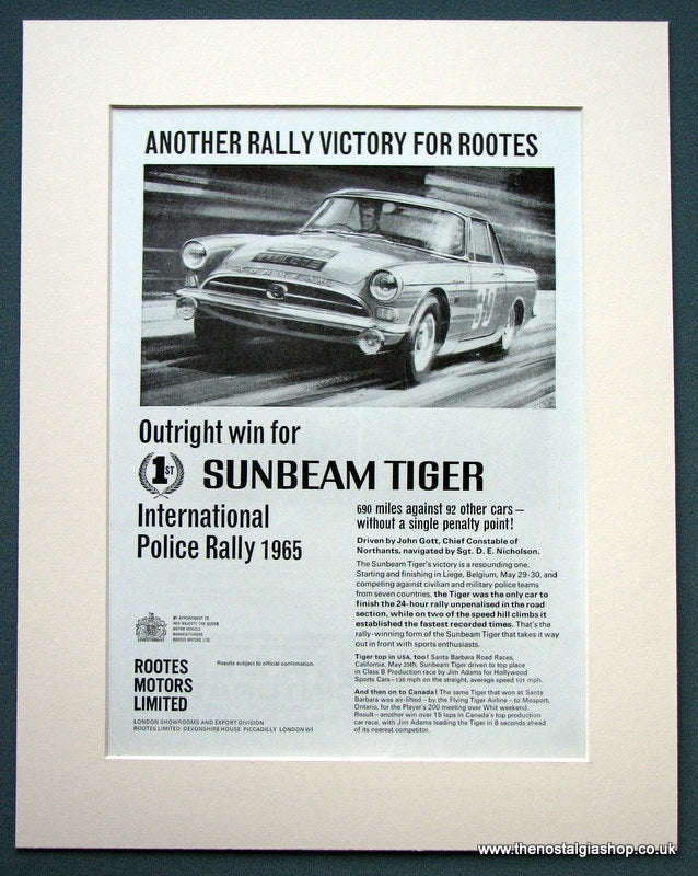 Sunbeam Tiger Rally Victory 1965 Original Advert (ref AD1098)
