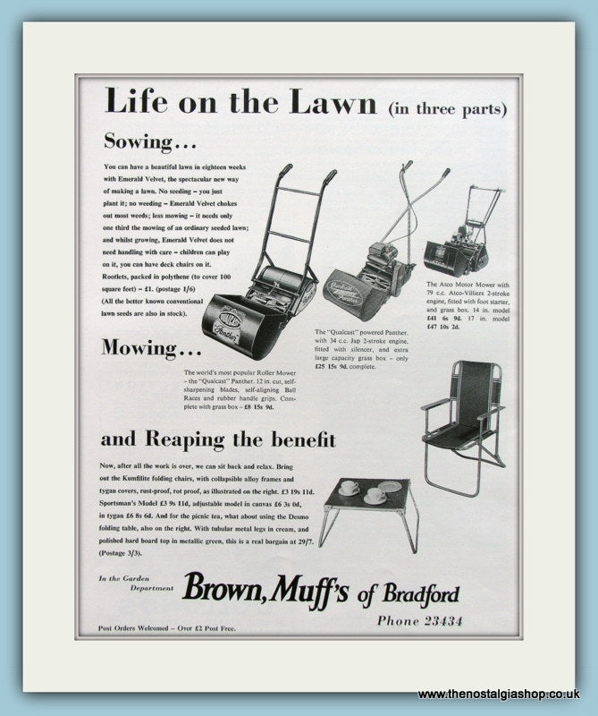 Lawnmowers, Brown, Muff's of Bradford. Original Advert 1958 (ref AD4612)