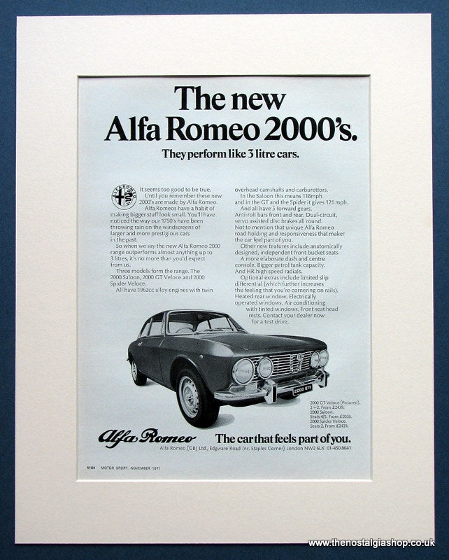 Alfa Romeo 2000 GT Veloce. Original advert 1971 (ref AD1423)