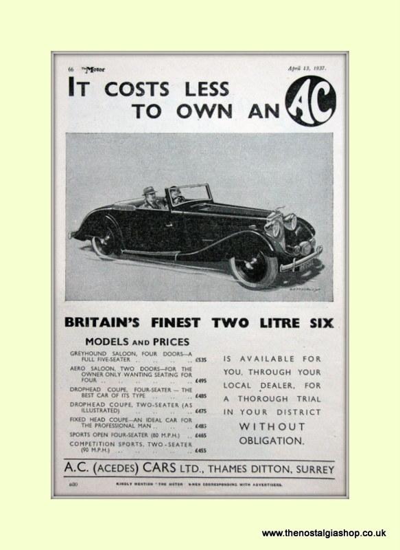 AC Two Litre. set of 2 Original Adverts 1937 (ref AD6610)
