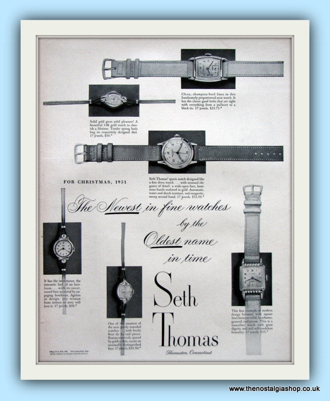 Seth Thomas Watches. Original Advert 1951 (ref AD8108)