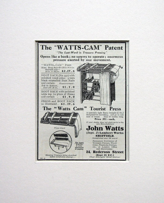 Watts-Cam Trouser Press. Original advert 1924 (ref AD1567)