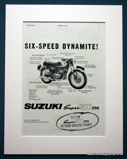Suzuki Super SIX 250. Set of 2 Original adverts 1966 &1967 (ref AD1224)