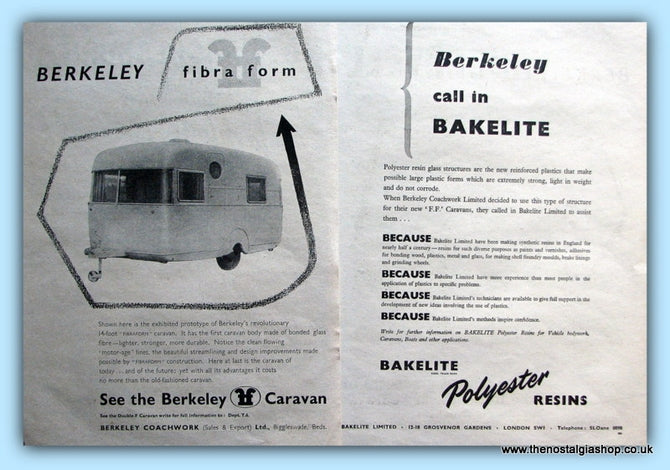 Fibra Form & Bakelite Polyester Berkeley Caravan Original Adverts 1955 (ref AD6369)