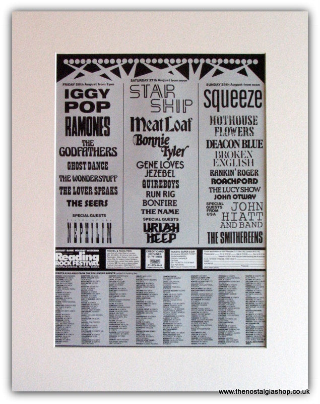 Reading Festival 1988 Advert. Iggy Pop, Meatloaf, Ramones. (ref Ad1827)