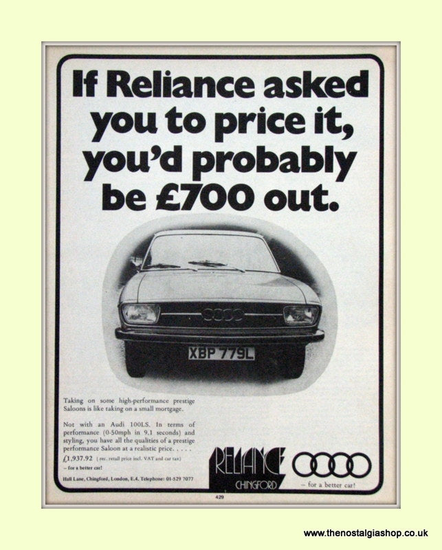 Audi 100LS Reliance Chingford Original Advert 1973 (ref AD6772)