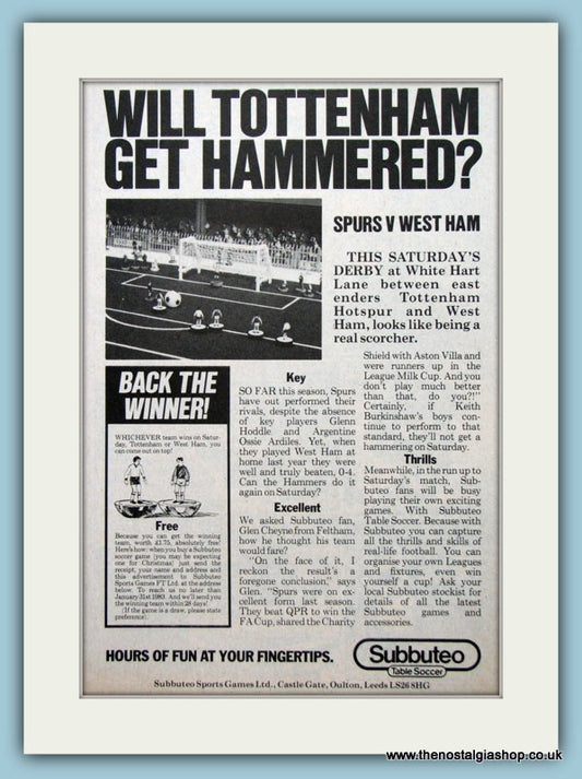 Subbuteo Table Soccer Original Advert 1982 (ref AD2652)