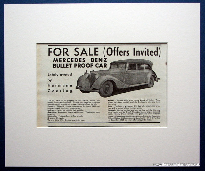 Hermann Goering Mercedes For Sale. Original advert 1952 (ref AD1615)