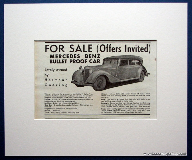 Hermann Goering Mercedes For Sale. Original advert 1952 (ref AD1615 ...
