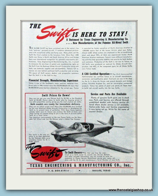 The Globe Swift Original Advert 1947 (ref AD4223)