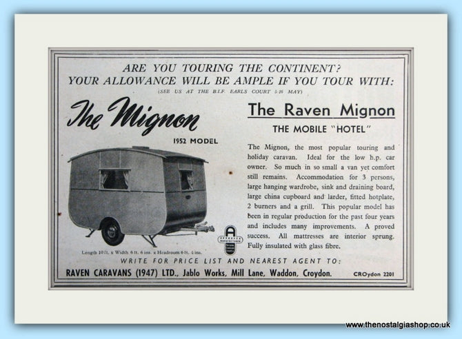 The Raven Mignon Mobile Home Original Advert 1952 (ref AD5083)