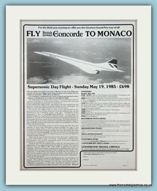 British Airways Concorde to Monaco. 1985 Original Advert (ref AD2115)