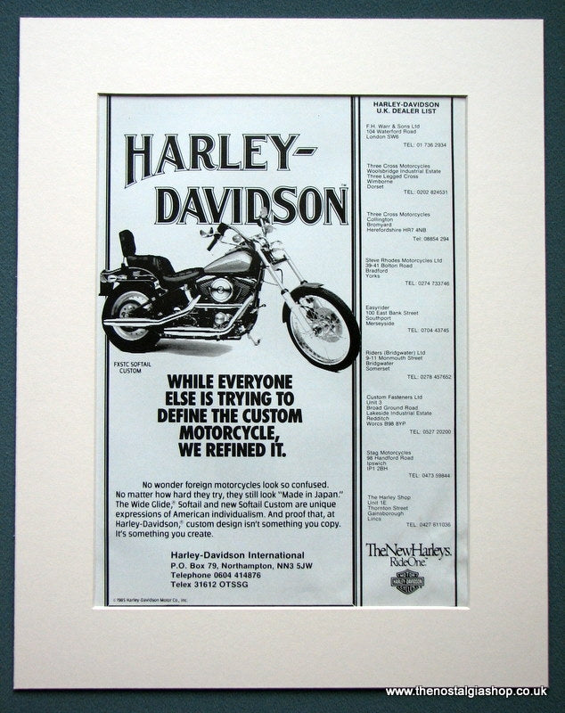 Harley Davidson FXSTC Softail Custon. Original advert 1986 (ref AD1229)