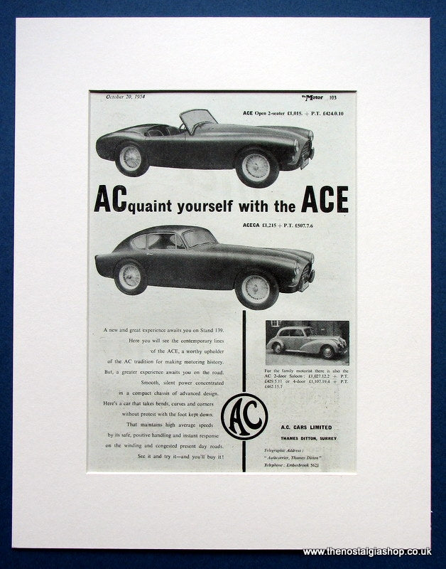 AC Ace 2 Seater and 2 Door Saloon 1954 Original Advert (ref AD1447)