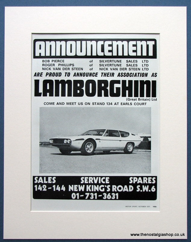 Lamborghini -Announcement at Earls Court 1971 Original Advert (ref AD1684)