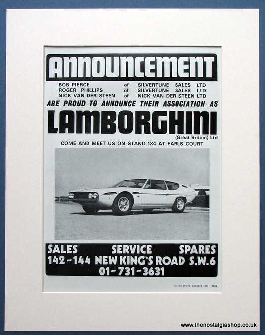 Lamborghini -Announcement at Earls Court 1971 Original Advert (ref AD1684)