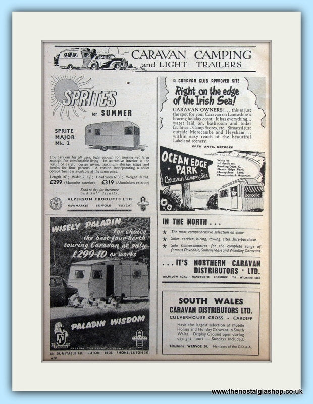 Sprites Caravan, Paladin Wisdom,Ocean Edge Park Caravan Site Original Advert 1953 (ref AD6339)
