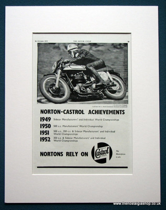 Norton Motorcycles and Castrol Motor Oil. Original advert 1952 (ref AD1269)