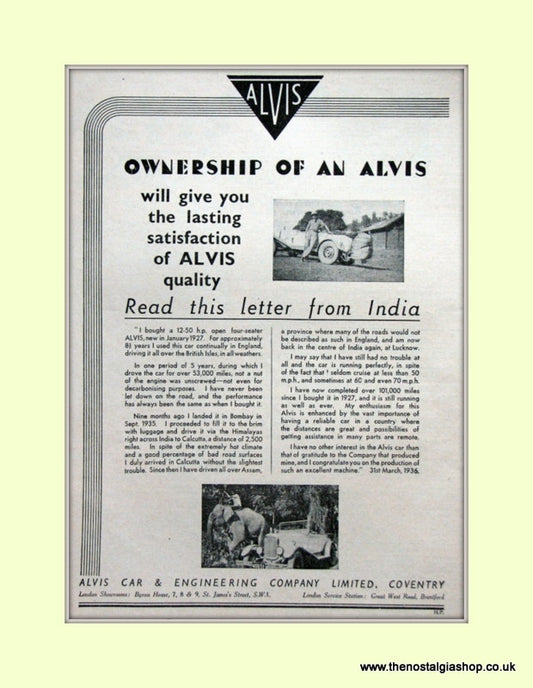 Alvis Letter from India Original Advert 1936 (ref AD6621)