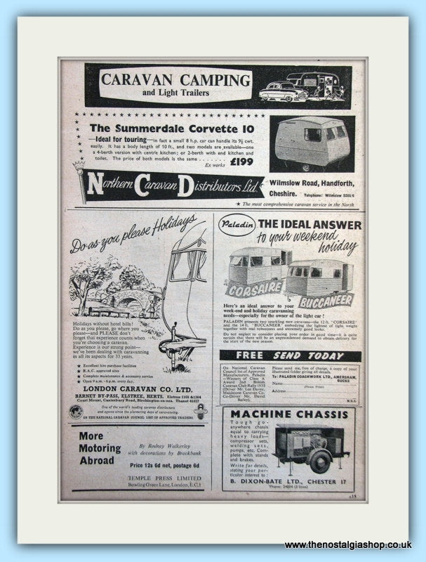 Summerdale Corvette 10, Corsaire & Buccaneer Caravan Original Adverts 1955 (ref AD6335)