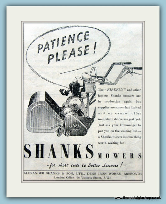 Shanks Mowers. Original Advert 1946 (ref AD4625)