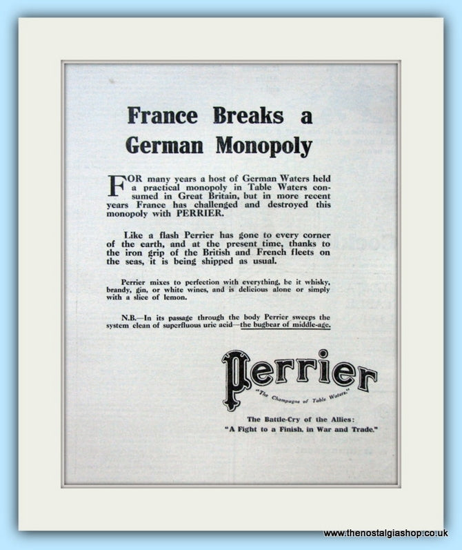 Perrier. Wartime Original Advert 1915 (ref AD4861)