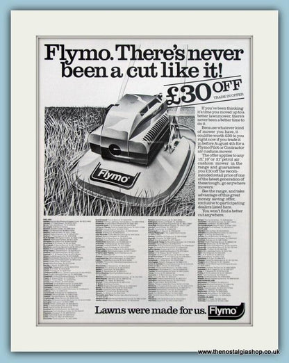 Flymo. Set of 2 Original Adverts 1978, 1985. (ref AD4610)
