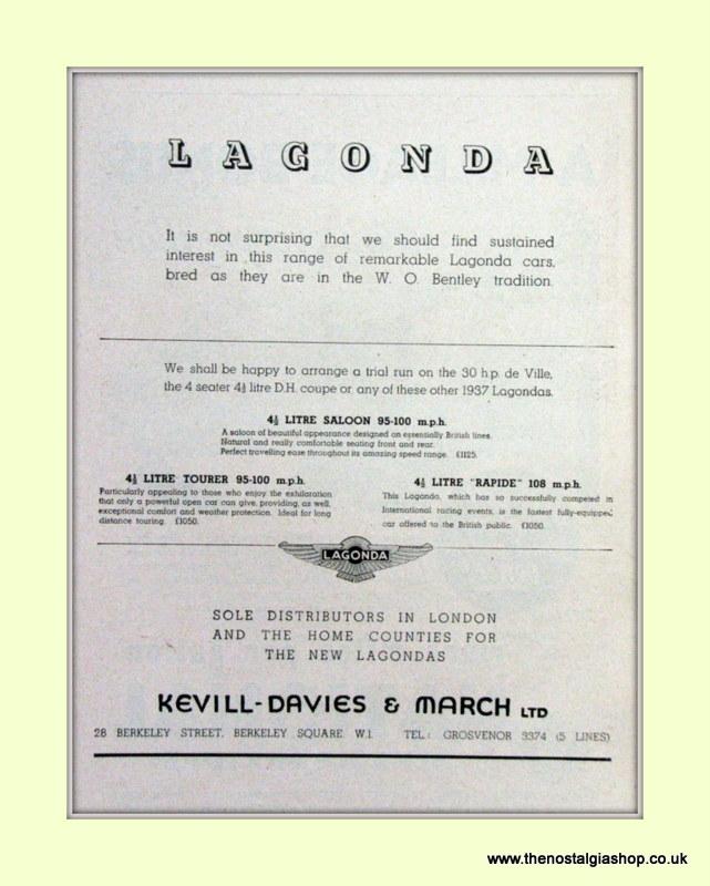 Lagonda Set Of 2 Original Adverts 1937 (ref AD6727)