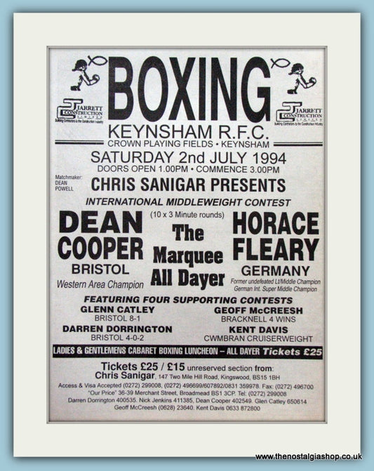 Dean Cooper v Horace Fleary. 1994 Original Advert (ref AD4405)