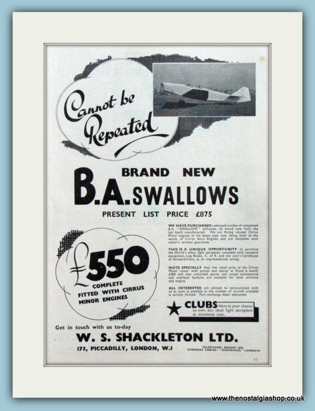 B.A. Swallows Aircraft. Original Advert 1938 (ref AD4204)