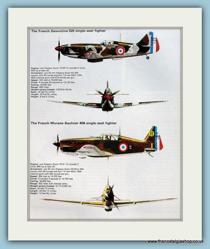 French Dewoitine 520 & Morane-Saulnier 406 Single Seater Fighters. Print (ref PR584)