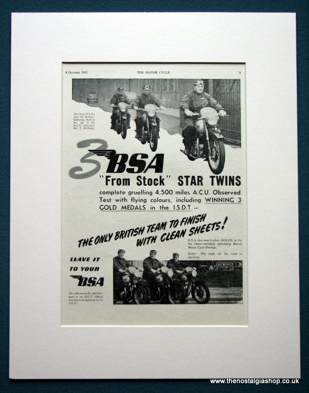 BSA Star Twins Win 3 Gold Medals in the I.S.D.T. Original advert 1952 (ref AD1267)
