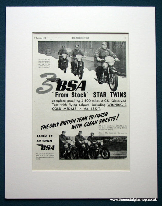 BSA Star Twins Win 3 Gold Medals in the I.S.D.T. Original advert 1952 (ref AD1267)