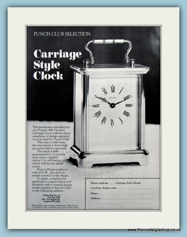 Carriage Style Clock. Original Advert 1973 (ref AD6128)