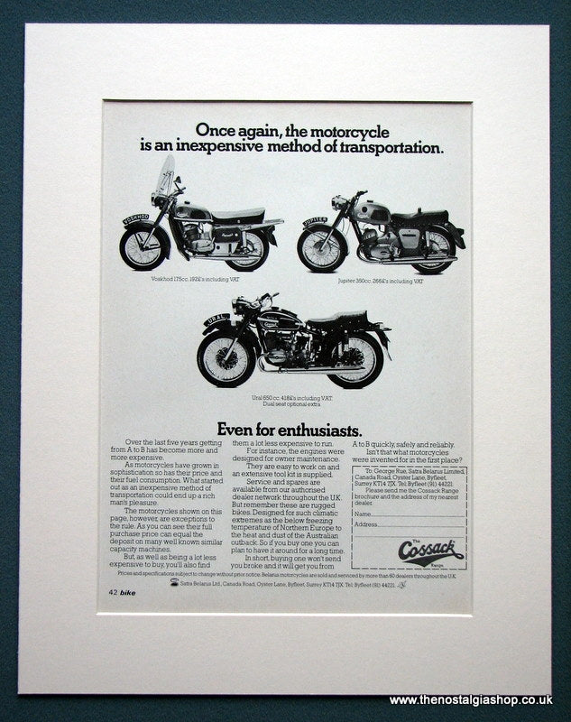 Cossack Motorcycle Range. Original advert 1974 (ref AD1280)
