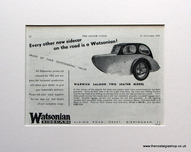 Watsonian Sidecars 1951 Original Advert (ref AD1590)