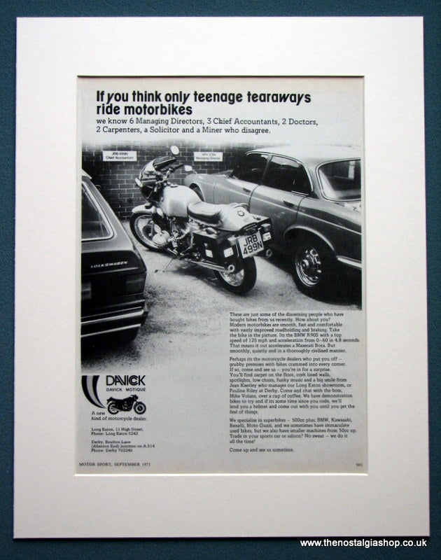 BMW R90S. Davick Motique Motorcycle Dealers. Original advert 1975 (ref AD1282)