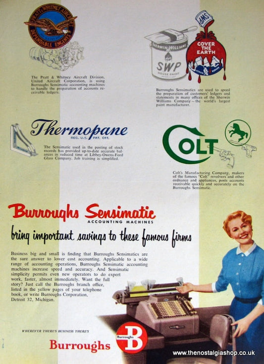 Burroughs Sensimatic Accounting Machine. Original Advert 1950s (ref AD4033)
