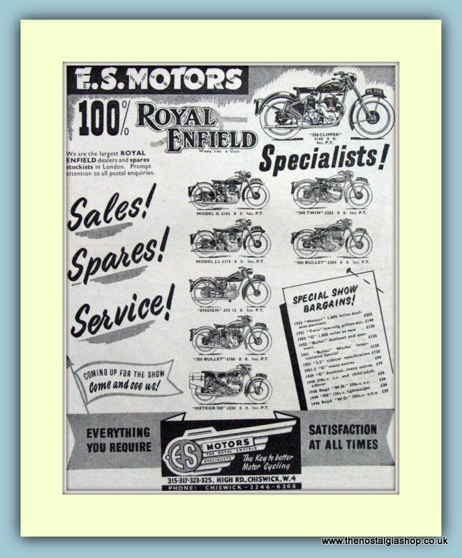 E.S.Motors Royal Enfield Specialists Original Advert 1953 (ref AD6592)