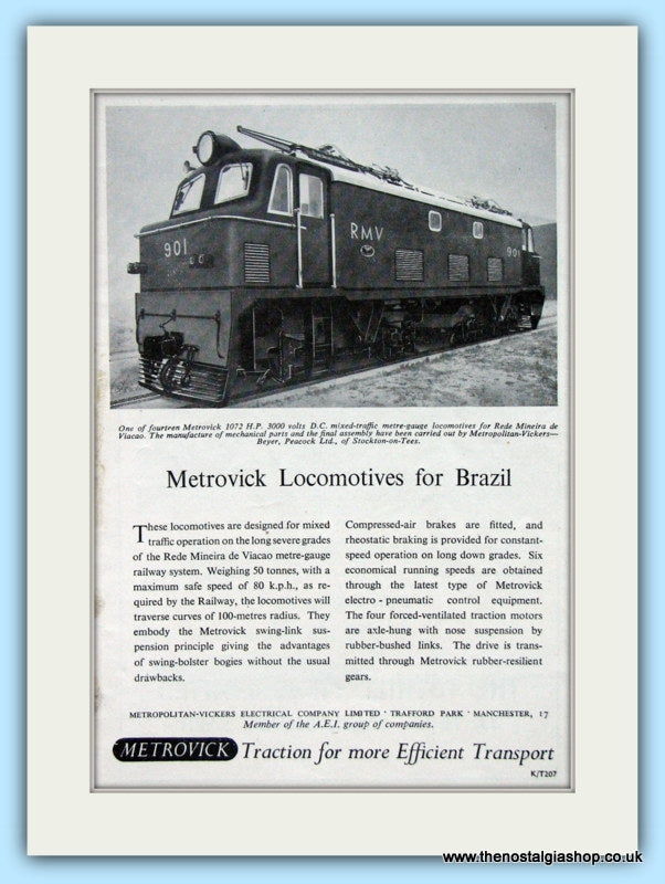 Metrovick 1072 H.P 3000 Volts Locomotive Original Advert 1953 (ref AD6519)
