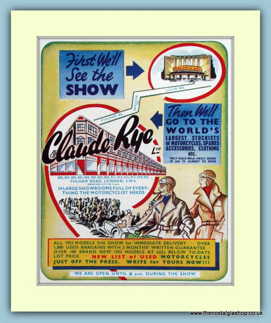 Claude Rye Motorbike Showrooms Original Advert 1952 (ref AD6570)