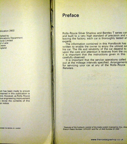 Rolls-Royce Bentley, Handbook Silver Shadow and Bentley T (ref b114)