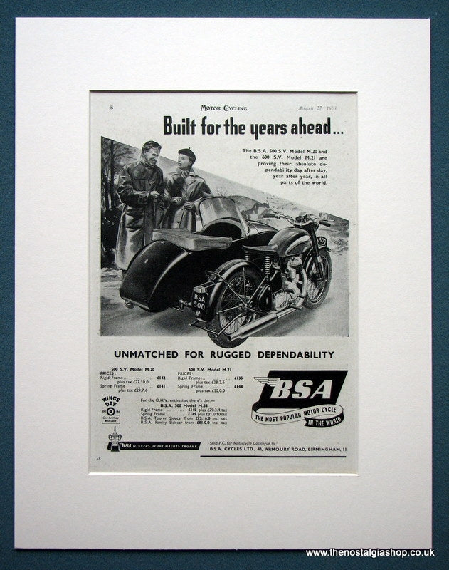BSA 500 S.V. Model M.20  Original advert 1953 (ref AD1300)