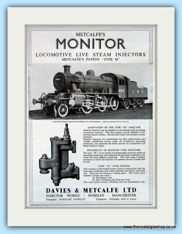 Metcalfe's Monitor Steam Injectors Original Advert 1951 (ref AD6480)