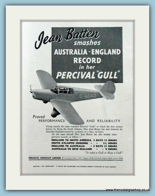 Percival Gull, Pilot Jean Batten. Original Advert 1937 (ref AD4213)