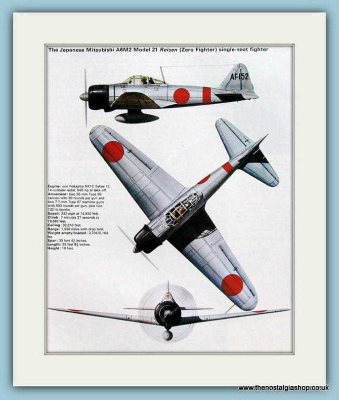 Japanese Mitsubishi A6M2 Model 21 Riesen (Zero Fighter) Aircraft. Print (ref PR572)