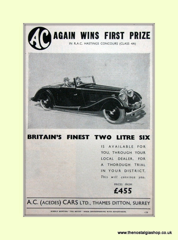 AC Two Litre. set of 2 Original Adverts 1937 (ref AD6610)