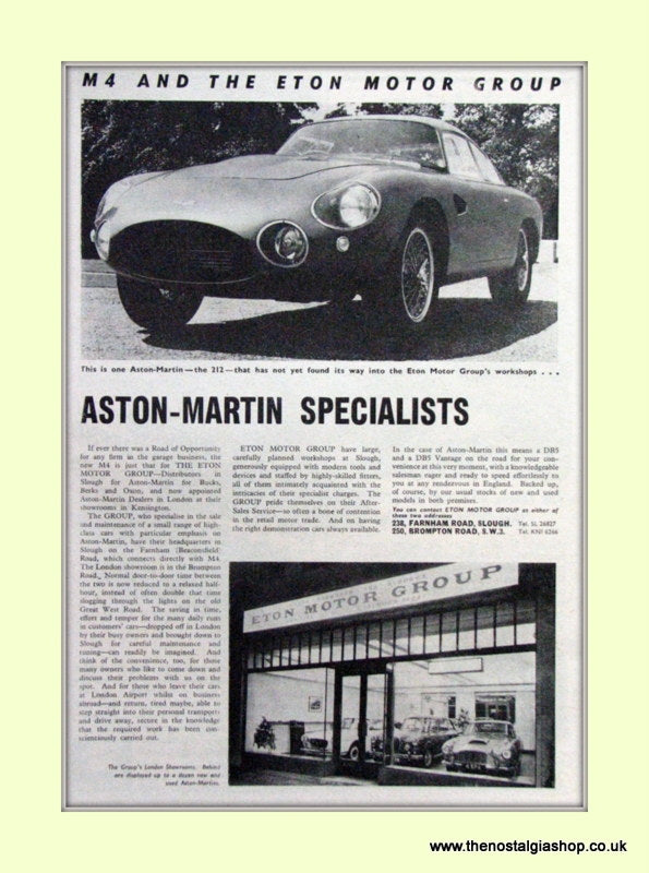 Aston Martin Dealers Eton Motor Group Original Advert 1965 (ref AD6734)